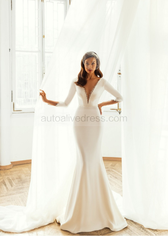 Long Sleeves Beaded Ivory Satin Open Back Stunning Wedding Dress